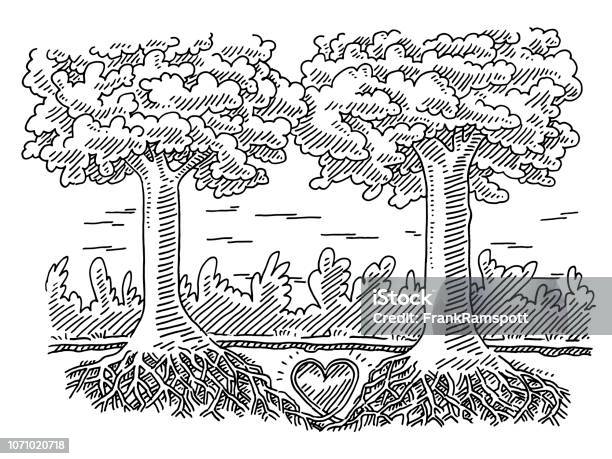 Connected Trees Nature Love Concept Drawing Stock Illustration - Download Image Now - Tree, Heart Shape, Root