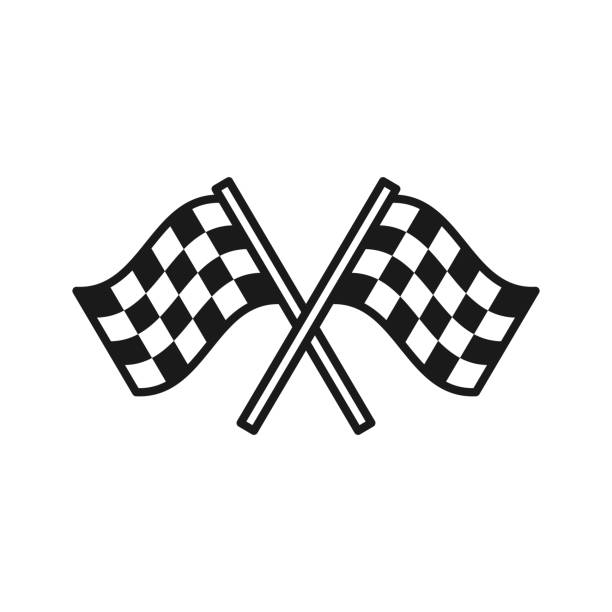 Black isolated outline icon of checkered flags on white background. Line Icon of two waving sport flags. Black isolated outline icon of checkered flags on white background. Line Icon of two waving sport flags rally car racing stock illustrations