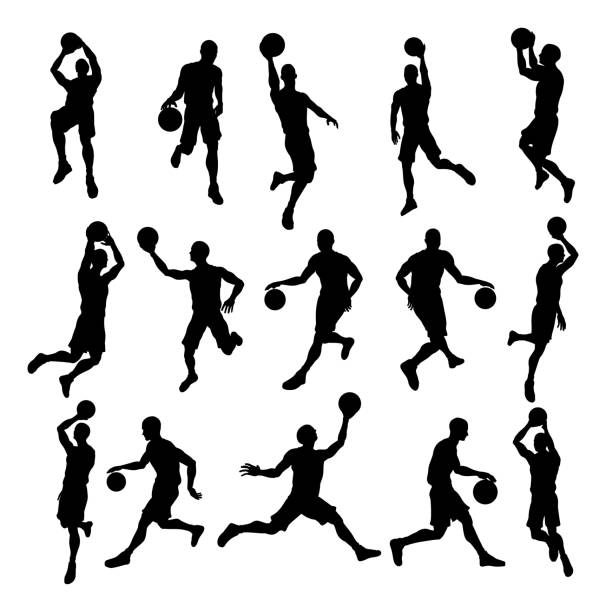 ilustraciones, imágenes clip art, dibujos animados e iconos de stock de siluetas de jugadores de baloncesto - basketball sport basketball player athlete