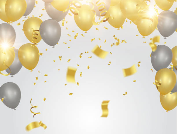 istock Happy New Year text, lettering for greeting cards, banners, posters, isolated vector illustration with balloons. Confetti and ribbons flag ribbons, Celebration background template 1071036516
