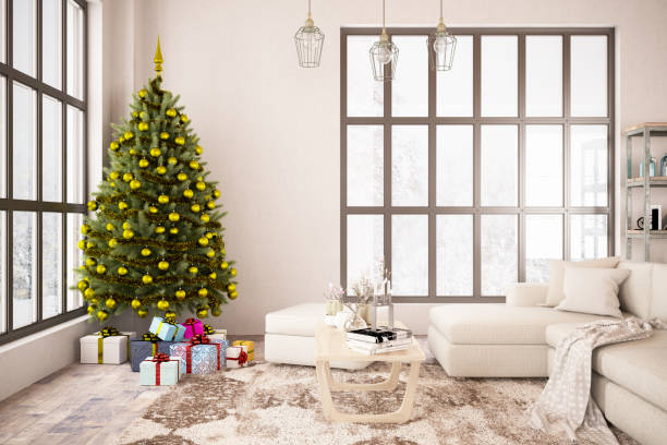 intérieur avec arbre de noël et des cadeaux. concept de nouvelle année 2019 - new year wall decoration gift photos et images de collection
