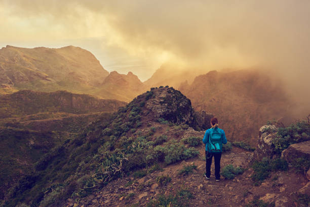 admiring landscape over mountains in Tenerife rear view of hiker woman admiring landscape over mountains in Tenerife. teno mountains photos stock pictures, royalty-free photos & images