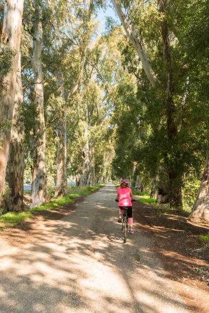 istock Happy woman walking on road  both sides covered with trees. 1071039872