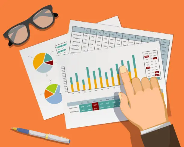 Vector illustration of Man pointing at graphs and charts in the document on the workplace.