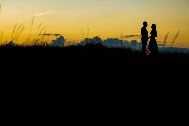 istock Silhouette of Wedding couple posing on sunset 1071040152