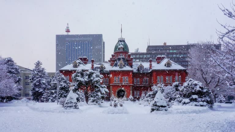 Snowing at the Former Hokkaido Government Office in Sapporo, Hokkaido, Japan.