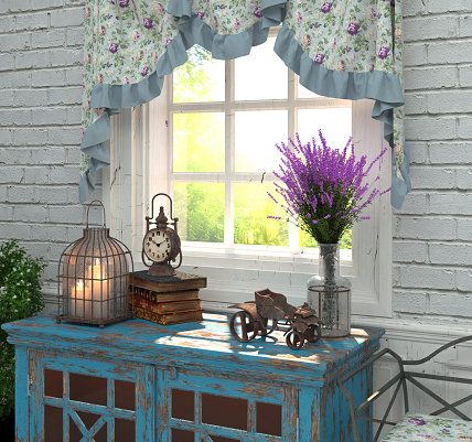 Window closed in traditional stone house, curtains decorated with embroidery, crochet craft work. Galicia, Spain.