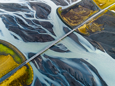 Aerial view of bridge over river Markarfjot in Iceland, east of the volcano Hekla. One of the Markarfljót's tributaries is the river Krossá, flowing through Þórsmörk