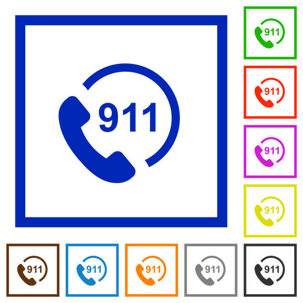 Emergency call 911 flat framed icons Emergency call 911 flat color icons in square frames on white background 999 call center stock illustrations