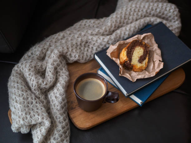 Drink, Coffee, Cup, Cake, Sweet, Wool Blanket, Cutting Board, Wood, Leather, Couch, Rustic Background