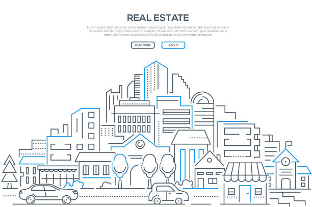 Real estate - modern line design style web banner Real estate - modern line design style web banner on white background with copy space for your text. High quality composition with cityscape, housing complex, buildings, shops, cars on the road city life illustrations stock illustrations
