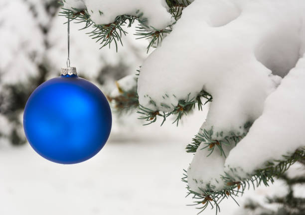 istock Blue Christmas tree ball on a snow-covered tree branch 1071055312