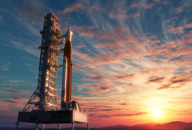 Space Launch System On Launchpad Over Background Of Sunrise Space Launch System On Launchpad Over Background Of Sunrise. 3D Illustration. taking off activity stock pictures, royalty-free photos & images