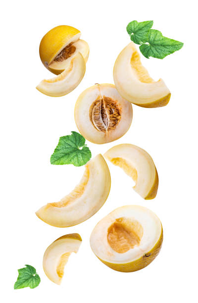 istock Flying yellow melon isolated on white background. Clipping path 1071066456