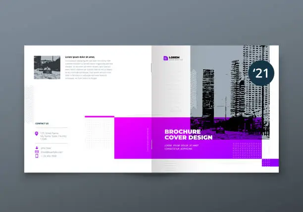 Vector illustration of Square Brochure design. Purple corporate business rectangle template brochure, report, catalog, magazine. Brochure layout modern memphis abstract background. Vector concept
