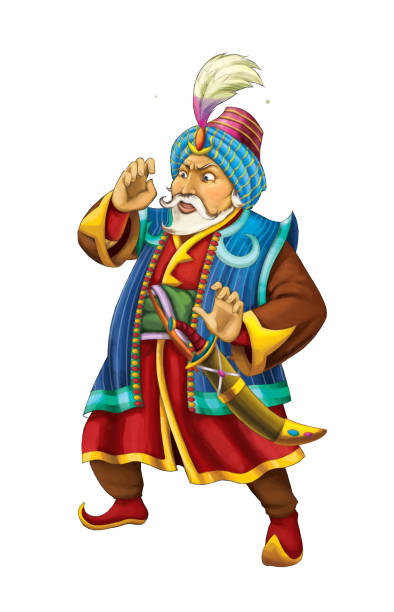 cartoon scene with arabian knight or prince with sword on white background cartoon scene with arabian knight or prince with sword on white background - illustration for children handsome arab men cartoons stock illustrations
