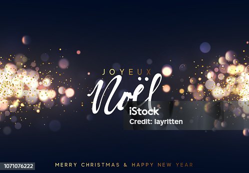 istock French Joyeux Noel. Christmas background with golden lights bokeh. Xmas greeting card. 1071076222
