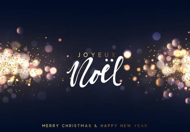 French Joyeux Noel. Christmas background with golden lights bokeh. Xmas greeting card. French Joyeux Noel. Christmas background with golden lights bokeh. Xmas greeting card. Magic holiday poster, banner. Night bright gold sparkles background holiday card stock illustrations