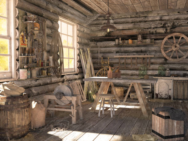 interior de un antiguo granero de registro. taller con muchas cosas viejas y herramientas de trabajo. - shed cottage hut barn fotografías e imágenes de stock