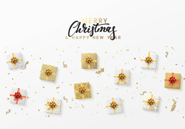 istock Merry Christmas greeting card. Xmas holiday background, gift box with gold tinsel, bright glitter confetti and golden serpentine 1071078512