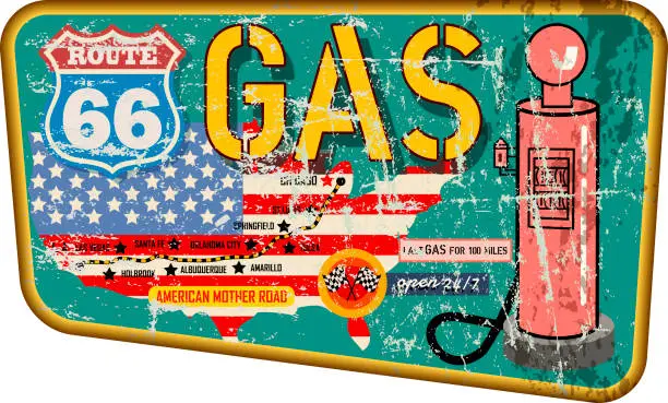 Vector illustration of grungy vintage route 66 gas station sign and road map