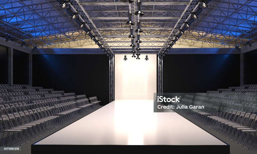 Interior of the auditorium with empty podium for fashion shows. Fashion runway before beginning of fashionable display. 3D visualization. Catwalk - Stage Stock Photo
