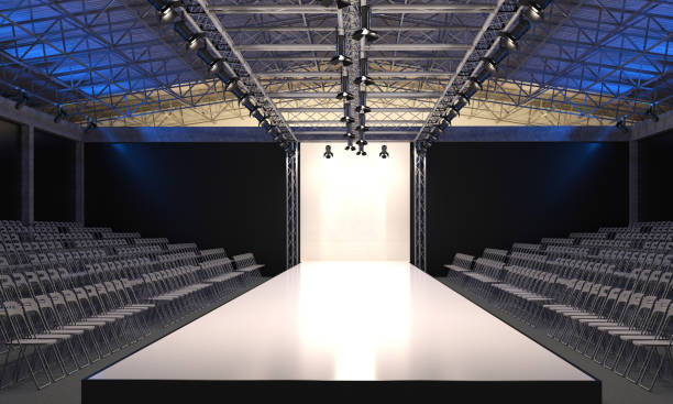 Interior of the auditorium with empty podium for fashion shows. Fashion runway before beginning of fashionable display. 3D visualization. fashion show stock pictures, royalty-free photos & images