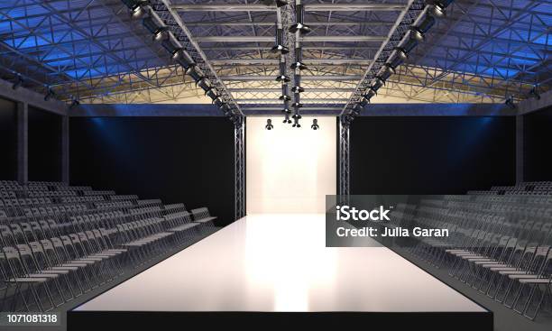 Interior Of The Auditorium With Empty Podium For Fashion Shows Fashion Runway Before Beginning Of Fashionable Display Stock Photo - Download Image Now