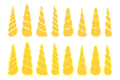 Collection of unicorn horns isolated on white background. Vector illustration