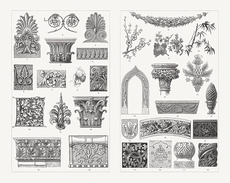Plant ornaments: 1) Greek palmette with arum (Temple of Artemis & Poseidon, Eleusis); 2) Arum (Pompeii); 3) Acanthus with palm leaves (Tower of the Winds, Athens); 4) Simple greek palmette; 5) Assyrian lotus frieze; 6) Arum (Arabian); 7) Acanthus (Renaissance); 8) Arum (medieval); 9) Acanthus (Romanesque); 10) Initial with arum motiv by Israhel van Meckenem; 11) Arum (Renaissance); 12) Acanthus, celery-like (from the Temple of the Sun, Rome by emperor Aurelian); 13) Acanthus, thistle-like (Golden Gate, Jerusalem); 14) Arum (Temple of Apollo at Didyma, Miletus); 15) Fruit garlands (Renaissance); 16) Apple blossoms (Japanese); 17) Fruits and conifer twig (Chinese); 18) Bamboo (Japanese); 19) Branch tracery (Gothic style); 20) Embellishment (Gothic style); 21) Thistle motif on medieval brocade; 22) Tendril with fruits (Romanesque); 23) Roman pinecone; 24) Coat of arms with lily motif; 25) Wine leaves (Gothic style); 26) Medieval lily motif; 27) Thistle leaves (Gothic style); 28) Pomegranate pattern; 29) Leaf ornament (Arabian); 30) Arabesques of a Moorish column. Wood engravings, published in 1897.