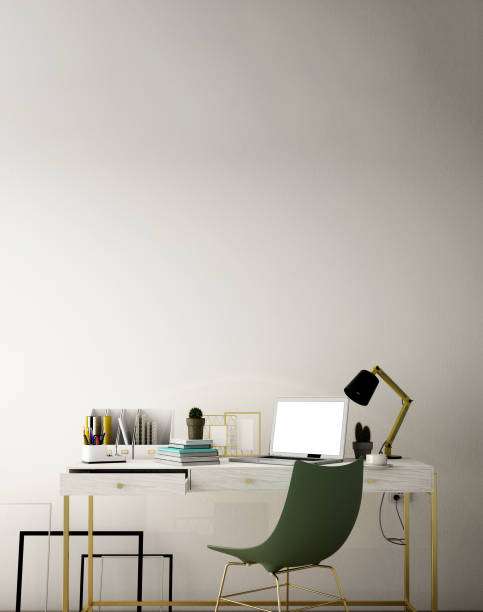 istock interior design for working area with Destop computer screen on white top desk,working space,working background ,interior of working room , concrete background,3d illustration,3d rendering 1071083428