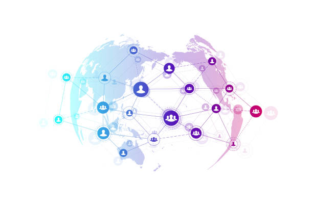 Abstract people connection technology concept with dotted world globe. Global business concept and internet technology background. Modern company processes. Analytical networks. Vector illustration. Abstract people connection technology concept with dotted world globe. Global business concept and internet technology background. Modern company processes. Analytical networks. Vector illustration global communications stock illustrations