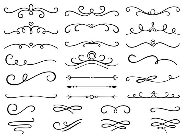 ilustraciones, imágenes clip art, dibujos animados e iconos de stock de separadores de texto dibujados a mano y elementos vintage. remolinos y divisores para invitación y diseño de la boda. - decor ornate scroll shape frame