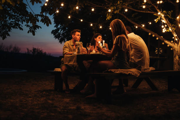 cena romántica en un patio trasero - dining people women wine fotografías e imágenes de stock