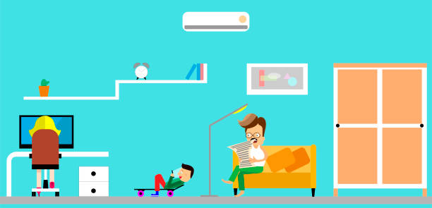 ilustrações de stock, clip art, desenhos animados e ícones de family at home. father reading a newspaper. children playing game console. fun cartoon characters. vector illuctration of parents and children at living room modern interior. - gamer watching tv adult couple