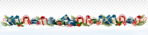 istock Holiday Christmas panorama with colorful gift boxes and branch of tree on transparent background. Vector. 1071093408