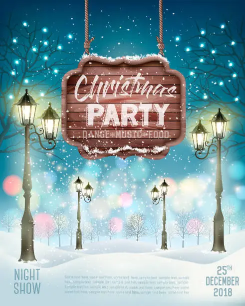 Vector illustration of Christmas Holiday Party Flyer background with evening winter landscape. Vector