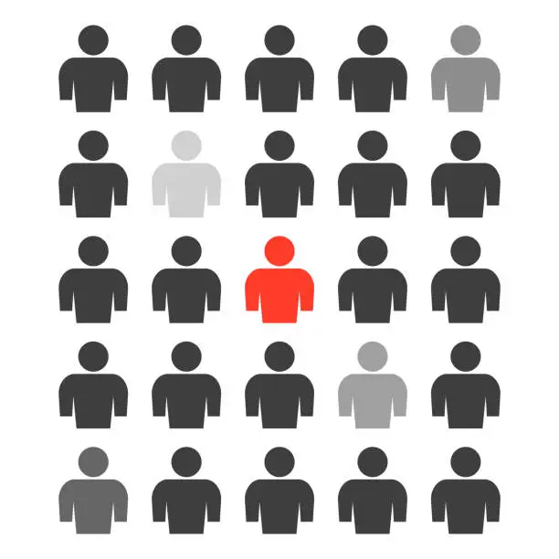 Vector illustration of The icon of a group of people with different degrees of selection of several persons from the total mass and one person highlighted in red. Vector illustration on white background.