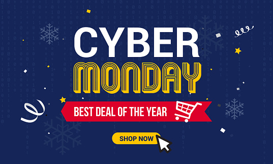 Cyber Monday Sale vector illustration, Text on binary code and snowflakes background.