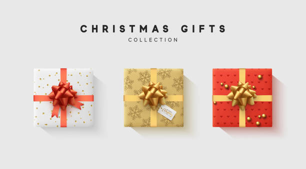 weihnachtskollektion geschenkbox mit schleife und band, ist verpackt in lustige folie muster winter - weihnachtsgeschenke stock-grafiken, -clipart, -cartoons und -symbole