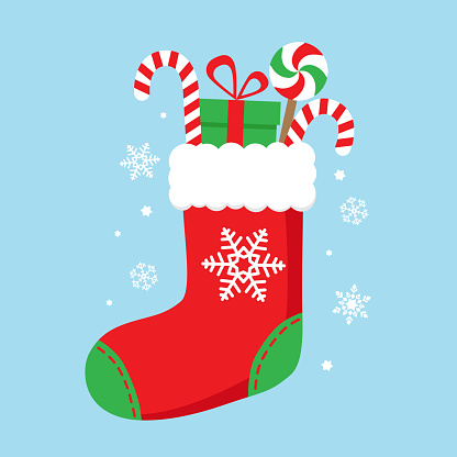 Christmas sock with candies and gifts. Vector illustrator
