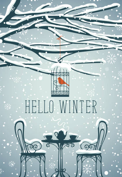 пейзаж с заснеженной наружной кафе и птицы - invitation decoration frost placard stock illustrations