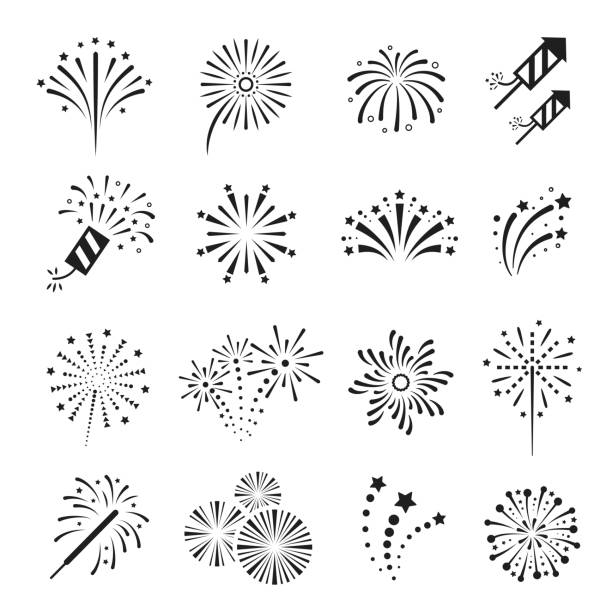 Fireworks, firecracker festival event and holiday fun. Fireworks, firecracker festival event and holiday fun. Explosions for display or in celebrations. Vector line art illustration isolated on white background firework explosive material illustrations stock illustrations