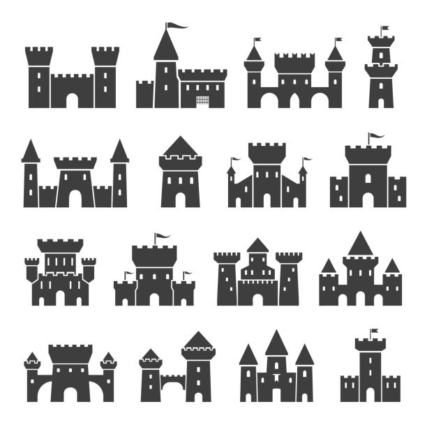 средневековый древний замок икона набор, черный силуэт - history vector illustration and painting computer icon stock illustrations