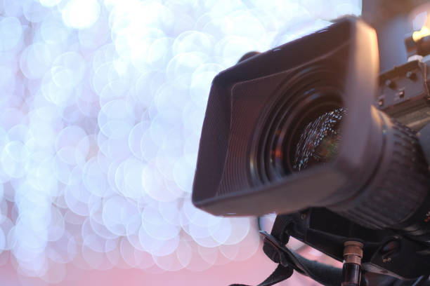 Camera record on crane in production on wedding .Close-up.