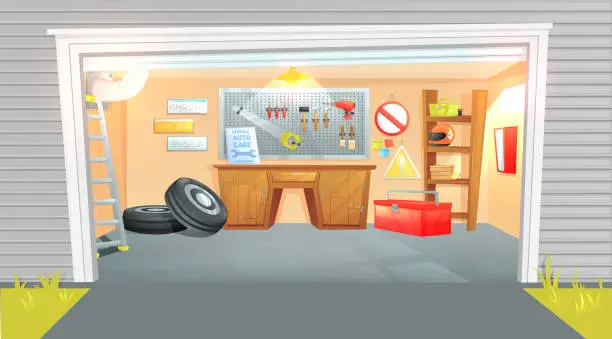 Vector illustration of The interior of the garage. Workplace of the master on car repair with working tools. Vector cartoon illustration