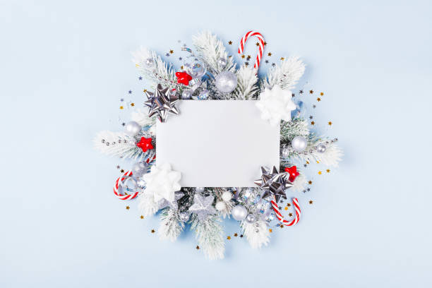 Christmas card with holiday decorations. Christmas card with holiday decorations top view. blank christmas card stock pictures, royalty-free photos & images