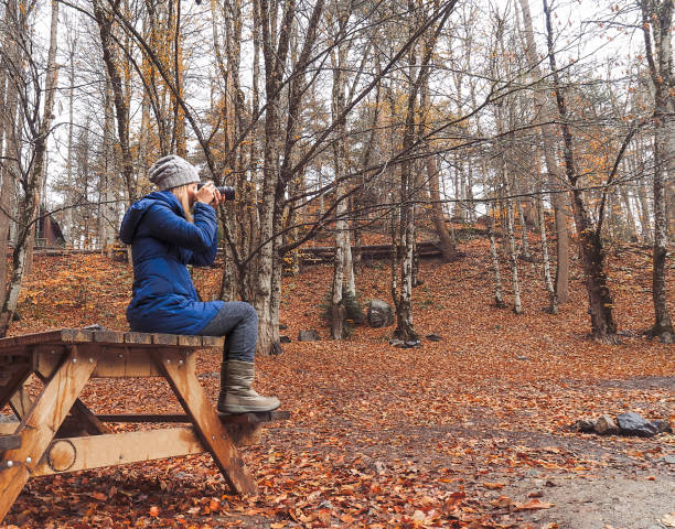 istock Woman taking photo by slr camera in woods 1071121982