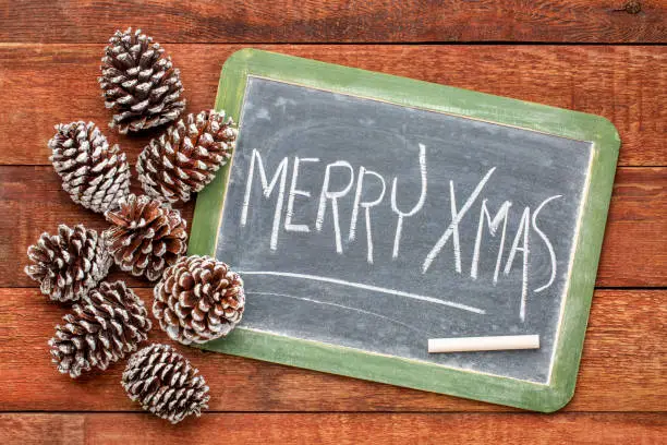 Merry Xmas (christmas) - white chalk handwriting on a slate blackboard with frosty pine cones against rustic barn wood