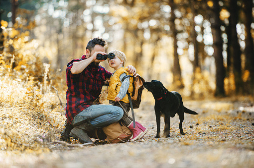 mumford A mature father with a dog and a toddler son in an autumn forest, using binoculars.